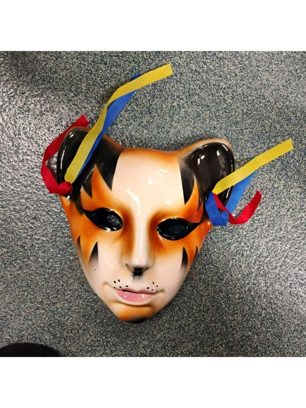 Vintage 1980s Yung Kee Ceramic Cat Mask Tiger Striped Feline Masquerade Wall Art
